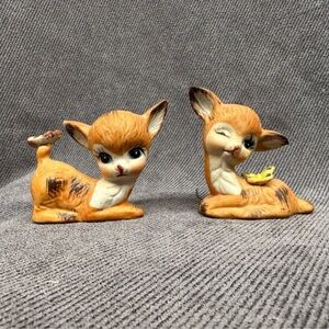 vintage kelvin ceramic anthropomorphic winking fawn deer figurines butterflies